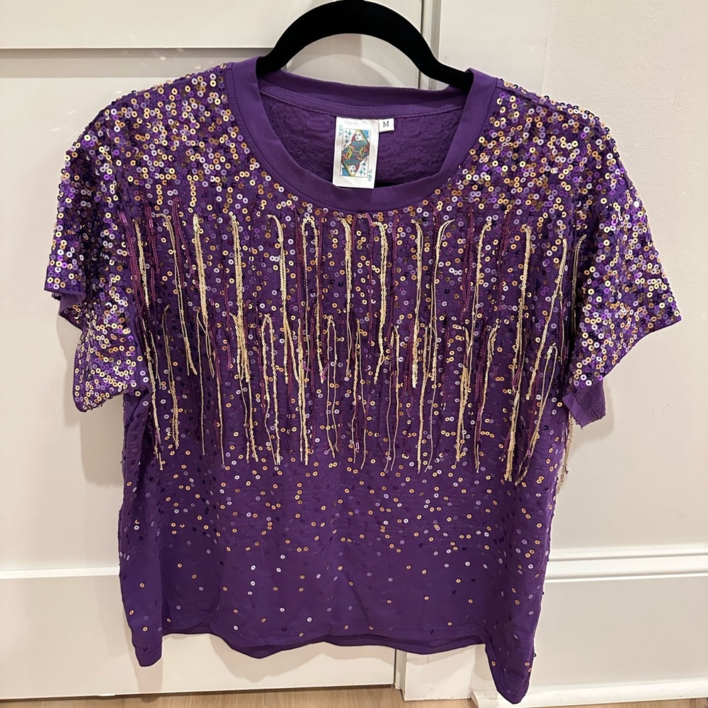 Queen of Sparkle, Medium Purple & Gold Sequin, Fringe Tee